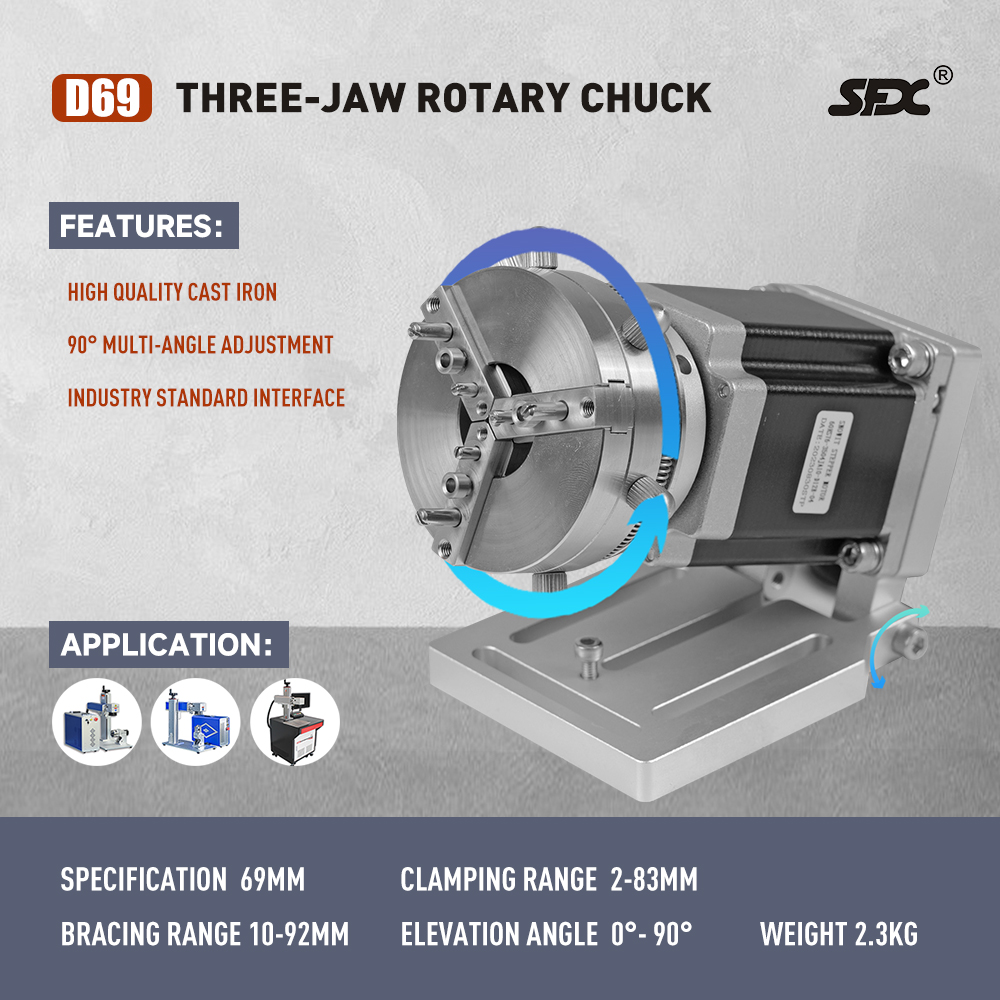 SFX D69 D80 D100 D125 Three-Jaw Rotary Chuck Rotary Axis for Fiber Laser Marking Machine